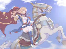  barding belt blonde_hair blue_eyes boots cape cloud day epaulettes female highres horse kamkac long_hair looking_at_viewer red_cape richelieu_(warship_girls_r) riding sheath sky solo sword warship_girls_r weapon 