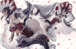  2girls arm_between_legs armored_boots arms_up ass backless_outfit bad_id bad_pixiv_id bare_shoulders belt black_hair blush bonnet boots breasts club3 collarbone dual_persona elbow_gloves falling_petals from_side fur-trimmed_gloves fur_trim gloves hair_between_eyes holding illya_(princess_connect!) illya_(small)_(princess_connect!) large_breasts legs leotard long_hair looking_at_viewer multiple_girls oerba_yun_fang open_mouth petals princess_connect! red_eyes red_headwear red_leotard simple_background small_breasts smile squinting strapless strapless_leotard two-tone_leotard white_background white_gloves white_leotard 