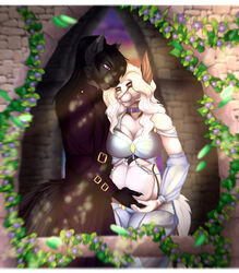  absurd_res alisa-walker anthro belly big_belly big_breasts black_body black_fur bottomwear breasts canid canine canis closed_eyes clothed clothing collar digital_media_(artwork) duo dusk_sarsis early_pregnancy female fox fur hair hi_res long_hair male male/female mammal master pregnant purple_eyes romantic romantic_ambiance romantic_couple white_body white_fur 