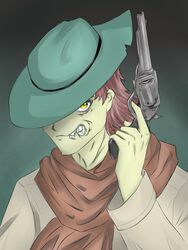  1boy animification aqua_headwear artist_request dc_comics gun handgun highres holding holding_gun holding_weapon jonah_hex male_focus non-web_source red_hair revolver solo source_request weapon yellow_eyes 