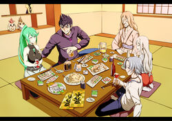  2girls 3boys alcohol alvis_(xenoblade) architect_(xenoblade) architecture beer beer_mug black_hair blonde_hair blush chest_jewel choker chopstick_rest chopsticks closed_eyes cup cushion east_asian_architecture edamame family food fried_rice full_body galea_(xenoblade) green_hair grey_hair highres indoors jewelry k-you_(hikarininare) long_hair malos_(xenoblade) mug multiple_boys multiple_girls old old_man pendant pneuma_(xenoblade) ponytail riki_(xenoblade) sake seiza short_hair sitting skewer spoilers table tatami tokkuri tora_(xenoblade_2) wine xenoblade_chronicles_(series) xenoblade_chronicles_1 xenoblade_chronicles_2 zabuton 