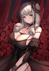  azur_lane black_dress blush breasts brown_eyes cleavage dress female flower grey_hair highres huge_breasts long_hair looking_at_viewer luetzow_(azur_lane) luetzow_(everlasting_blood_banquet)_(azur_lane) manda_(manda9n) official_alternate_costume red_flower red_rose rose solo 