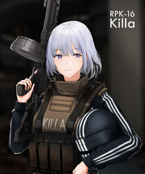  absurdres adidas black_headwear black_ribbon bulletproof_vest carrying carrying_under_arm character_name closed_mouth commentary cosplay dark_background drum_magazine english_commentary escape_from_tarkov female girls&#039;_frontline gopnik grey_hair gun hair_ribbon hand_up helmet highres holding holding_gun holding_helmet holding_weapon killa_(escape_from_tarkov) killa_(escape_from_tarkov)_(cosplay) killa_helmet klowncel light_machine_gun long_sleeves magazine_(weapon) photoshop_(medium) pouch purple_eyes purple_pupils ribbon rpk-16 rpk-16_(girls&#039;_frontline) short_hair smile solo striped_clothes striped_headwear track_suit unworn_headwear unworn_helmet upper_body vertical-striped_clothes vertical-striped_headwear visor wavy_mouth weapon 