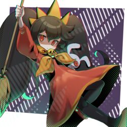  arm_up ashley_(warioware) black_hair black_pantyhose bongnom broom dress female halftone highres leg_up long_hair pantyhose red_dress red_eyes red_footwear shaded_face shoes solo standing standing_on_one_leg stuffed_toy tiara twintails very_long_hair warioware 