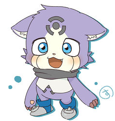  :3 anthro appmon_(species) bandai_namco blue_eyes blush chibi claws clothing digimon digimon_(species) domestic_cat felid feline felis footwear fur male mammal offmon purple_body purple_fur shoes simple_background smile solo suda_8823 white_background 