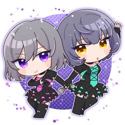  2girls black_hair chibi closed_mouth green_skirt grey_hair highres idoly_pride igawa_aoi kanzaki_rio looking_at_viewer multiple_girls natori_nato open_mouth plaid plaid_skirt purple_eyes short_hair skirt smile yellow_eyes 