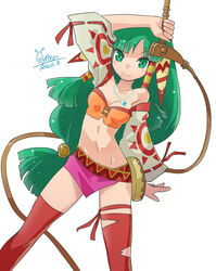  breasts closed_mouth feena_(grandia) female grandia grandia_i green_eyes green_hair hair_ornament hair_tubes highres jewelry long_hair looking_at_viewer low-tied_long_hair midriff navel necklace oyster_(artist) simple_background skirt smile solo thighhighs white_background 