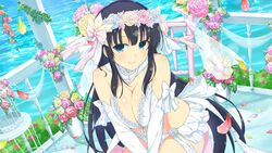  banister birdcage black_hair blue_eyes blush breasts breasts_squeezed_together bridal_lingerie bridal_veil bride bush cage cleavage day falling_petals female flower gloves green_flower green_rose hair_flower hair_ornament ikaruga_(senran_kagura) jewelry lace_trim large_breasts leaf lingerie long_hair looking_at_viewer multicolored_flower multicolored_rose necklace ocean official_alternate_costume official_art panties pearl_necklace petals pink_flower pink_rose purple_flower purple_rose red_flower red_rose rose senran_kagura senran_kagura_new_link senran_kagura_shoujo-tachi_no_shin&#039;ei smile solo underwear veil very_long_hair water white_flower white_gloves white_panties yaegashi_nan yellow_flower yellow_rose 