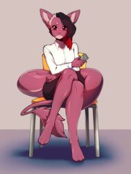  absurdres animal_ears barefoot brown_hair brown_skirt chair closed_mouth collared_shirt colored_skin commission crossed_legs dress_shirt female full_body furry furry_female highres holding holding_phone long_hair long_sleeves original pencil_skirt phone red_eyes red_hair red_skin shirt sitting skirt solo suelix tail white_shirt 