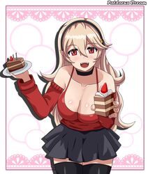  alternate_costume artist_name black_hairband black_thighhighs breasts cake cleavage corrin_(female)_(fire_emblem) corrin_(fire_emblem) female fire_emblem fire_emblem_fates food fruit hairband highres holding holding_plate leaning_forward long_hair open_mouth patdarux plate pointy_ears red_eyes skirt solo strawberry thighhighs white_hair 