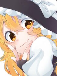  black_gloves black_hat black_vest blonde_hair bow close-up closed_mouth commentary_request cropped_torso eringi_(rmrafrn) eyes_visible_through_headwear female fingerless_gloves from_side gloves hair_between_eyes hand_up hat hat_bow highres kirisame_marisa long_hair looking_at_viewer looking_to_the_side portrait puffy_short_sleeves puffy_sleeves shirt short_sleeves simple_background smile solo touhou vest white_background white_bow white_shirt witch_hat yellow_eyes 