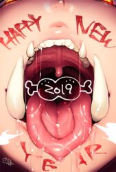  2019 body_writing boned_meat close-up commentary_request drooling fangs female food glowing glowing_eyes happy_new_year looking_at_viewer meat minamoto_(mutton) mouth_focus new_year nose open_mouth oral_invitation original partial_commentary saliva saliva_trail scribble shiny_skin signature solo teeth tongue tongue_out tusks uvula yellow_eyes 