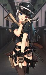  belt black_hair blue_eyes blush female fingerless_gloves gloves gun hat heterochromia highres knife long_hair original peaked_cap red_eyes solo thighhighs tongue tongue_out watch weapon x_ace_k_x 