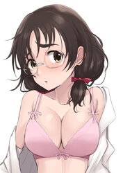  absurdres asano_fuka black_hair bra breasts cleavage collarbone female glasses hair_ribbon highres idolmaster idolmaster_cinderella_girls idolmaster_cinderella_girls_starlight_stage large_breasts long_sleeves looking_at_viewer low_twintails moyashi_tomozuku off_shoulder parted_lips pink_bra red_ribbon ribbon shirt short_hair simple_background solo twintails underwear white_background white_shirt 