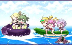  6+girls :d ;) adapted_costume alternate_costume alternate_hairstyle anna_mel bikini black_one-piece_swimsuit blonde_hair blue_sky boat braid chibi cloud cloudy_sky cucumber delraich66 double_bun eggplant flower green_eyes green_hair grey_hoodie hair_bun hair_flower hair_ornament hair_rings high-visibility_vest highres hood hood_up hoodie kazari_jun long_hair looking_ahead looking_at_another magia_record:_mahou_shoujo_madoka_magica_gaiden mahou_shoujo_madoka_magica makino_ikumi male_swimwear medium_hair midori_ryo multiple_girls ocean official_alternate_hairstyle one-piece_swimsuit one_eye_closed pink_bikini pink_eyes pink_hair pointing ponytail purple_eyes purple_hair red_eyes ribbon-trimmed_bikini sarasa_hanna seaweed shorts side-tie_bikini_bottom side_braid side_ponytail side_up_bun sky smile sparkling_eyes star_(symbol) submerged sunglasses swim_trunks swimsuit watercraft wavy_hair white_shorts yukino_kanae 