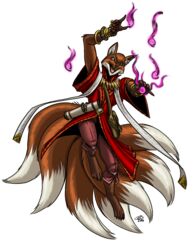  7_tails alpha_channel anthro canid canine clothed clothing fox hi_res magic_user male mammal multi_tail neckwear official_art paizo pathfinder prodigyduck role-playing_game scroll_case shoulder_bag simple_background solo spellcasting tail transparent_background 