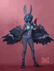  2020 amulet anthro blue_eyes blue_hair breasts clothing dragon ear_piercing exposed_panties fan_character female footwear hair hi_res humanoid hybrid jewelry lagomorph leporid mammal midriff mimic_dragon muzzle_feet necklace phone piercing purse rabbit sandals sapphire_beverin skvader solo spread_wings umura wings 