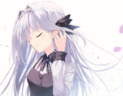  black_bow black_ribbon bow braid breasts cherry_blossoms closed_eyes coffee1223 commentary crown_braid dress female hair_behind_ear hair_between_eyes hair_intakes hairbow hand_up highres long_hair long_sleeves petals ribbon sakurakouji_luna simple_background small_breasts smile solo tsuki_ni_yorisou_otome_no_sahou white_background white_dress white_hair 