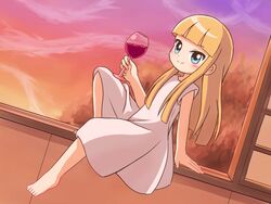  akino_miyo alcohol bare_arms barefoot blonde_hair blue_eyes blunt_bangs blush closed_mouth commentary_request cup dress drinking_glass dusk dutch_angle feet female gradient_sky highres holding holding_cup kato-shun long_hair looking_at_viewer sitting sky sleeveless sleeveless_dress smile solo sunset toes wakaokami_wa_shougakusei white_dress wine wine_glass 