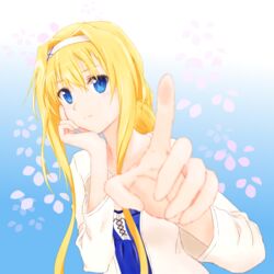  alice_zuberg blonde_hair blue_background blue_eyes blurry blurry_foreground female gradient_background hair_between_eyes hair_intakes hairband head_rest long_hair long_sleeves looking_at_viewer md5_mismatch no-ppo parted_lips shirt sidelocks solo sword_art_online sword_art_online:_alicization upper_body very_long_hair white_background white_hairband white_shirt 