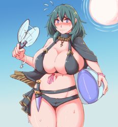  ball beachball bikini black_bikini blue_eyes blue_hair breasts byleth_(female)_(fire_emblem) byleth_(female)_(summer)_(fire_emblem) byleth_(fire_emblem) cleavage closed_mouth dagger female fire_emblem fire_emblem:_three_houses fire_emblem_heroes highres holding kittenboogers knife large_breasts official_alternate_costume sheath sheathed solo swimsuit weapon 