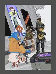  1other 3boys ambiguous_gender apex_legends ass b3_wingman blonde_hair bloodhound_(apex_legends) blue_eyes blush bodysuit box brown_hair clenched_hand crypto_(apex_legends) cyborg death_box_(apex_legends) female goggles grey_jacket gun hands_in_pockets highres hillprime holding holding_gun holding_knife holding_weapon hood hooded_jacket jacket knife looking_up mirage_(apex_legends) multiple_boys octane_(apex_legends) open_mouth orange_jacket r-99_smg revolver science_fiction squatting submachine_gun wattson_(apex_legends) weapon white_bodysuit x-55_devotion 