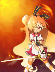  black_choker blonde_hair choker closed_mouth commentary_request feet_out_of_frame female fire gen&#039;ei_wo_kakeru_taiyou gloves hair_over_one_eye hair_ribbon hairband highres holding holding_sword holding_weapon kukalakuku orange_thighhighs puffy_short_sleeves puffy_sleeves red_eyes red_sailor_collar red_skirt ribbon sailor_collar school_uniform serafuku short_sleeves skirt solo striped_clothes striped_thighhighs sword taiyou_akari thighhighs two-handed weapon white_gloves 