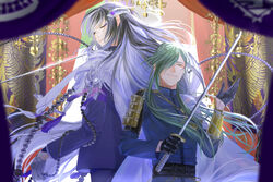  2boys armor bad_id bad_pixiv_id beads black_gloves black_hair black_sash blue_jacket closed_mouth curtains eyeshadow gloves green_hair hair_over_one_eye half_gloves hataya highres holding holding_sword holding_weapon jacket japanese_armor juzumaru_tsunetsugu katana long_hair long_sleeves looking_at_viewer makeup male_focus multiple_boys nikkari_aoe one_eye_covered prayer_beads purple_jacket sash shoulder_armor smile sode standing sword touken_ranbu weapon white_hair yellow_eyes 