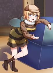  absurdres antennae bee_costume bee_movie black_dress blonde_hair blue_eyes blush bob_cut brown_footwear brown_shirt brown_socks deerstalker dress female full_body fur_collar hat highres hololive hololive_english insect_wings jan_azure leaning leaning_on_object loafers looking_at_viewer medium_hair official_alternate_costume parody shirt shoes smug socks solo striped_clothes striped_dress virtual_youtuber watson_amelia wings yellow_dress 