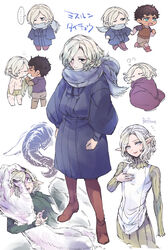  2boys armor bags_under_eyes barefoot black_hair black_nails blanket blonde_hair blue_coat blue_eyes boots braid chibi closed_eyes coat dark-skinned_male dark_skin demon demon_horns dressing_another dungeon_meshi ears_down elf goat_(dungeon_meshi) grey_eyes grey_hair hand_on_another&#039;s_head highres holding_hands horns kabru long_sleeves looking_at_another looking_at_viewer male_focus mithrun multiple_boys notched_ear one_eye_closed pants pointy_ears profile projected_inset puffy_long_sleeves puffy_sleeves scar scar_on_arm scar_on_chest scar_on_leg scared short_hair size_difference sleeping solo_focus soy_(pichupppkon) spoilers standing sweat topless_male under_covers 