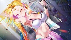  adella_(some_some_convenience_store) arm_up bare_shoulders blonde_hair blurry blurry_background blush breasts cleavage closed_mouth collarbone crop_top emoji female forehead game_cg hair_dryer hair_ornament hair_scrunchie highres holding holding_hair_dryer indoors jacket large_breasts long_hair looking_at_viewer multicolored_hair navel one_eye_closed pink_jacket purple_eyes scrunchie solo some_some_convenience_store stomach streaked_hair talesshop twintails upper_body very_long_hair wet 