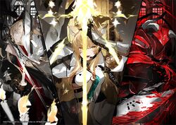  1boy 2girls arknights armor axe blonde_hair blue_eyes candle cape dikaiopolis_(arknights) earphones fake_horns gauntlets helmet hemokinesis horned_helmet horns knight kuronoiparoma multiple_girls nearl_(arknights) nearl_the_radiant_knight_(arknights) official_art originium_arts_(arknights) red_armor sword viviana_(arknights) weapon yellow_eyes 