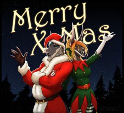  2020 acrador anthro beard canid canine canis cheerful christmas christmas_card christmas_cheer christmas_clothing clothing costume digital_media_(artwork) duo elf_costume facial_hair female gesture ghorah_(hexo)_khar grumpy hi_res holidays jackal male male/female mammal merry_christmas santa_costume snow standing thalis thalislixeon waving 