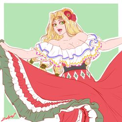  :d alternate_costume bare_shoulders blonde_hair blush border brown_headband collarbone commentary dancing dress english_commentary fate/grand_order fate_(series) female flower green_background green_eyes hair_flower hair_ornament headband ink_(medium) inktober long_hair looking_at_viewer mexican_dress off-shoulder_dress off_shoulder open_mouth quetzalcoatl_(fate) red_dress signature simple_background skirt_hold smile solo traditional_media white_border zantyarz 