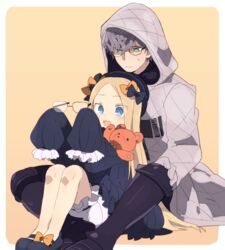  1boy abigail_williams_(fate) black_bow black_dress black_footwear black_headwear blonde_hair bloomers blue_eyes blush boots bow breasts creator_connection dress fate/grand_order fate/grand_order_arcade fate_(series) female forehead glasses gloves green_eyes grey_hair hairbow hat highres hood hood_up hooded_jacket jacket jacques_de_molay_(saber)_(fate) knee_boots long_hair long_sleeves moruka_(karupattyo03) multiple_bows open_mouth orange_bow parted_bangs polka_dot polka_dot_bow ribbed_dress sitting sleeves_past_fingers sleeves_past_wrists small_breasts smile stuffed_animal stuffed_toy teddy_bear underwear white_bloomers white_gloves white_jacket 