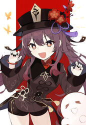  absurdres black_coat black_hat black_nails black_shorts blush boo_tao_(genshin_impact) breasts brown_hair coat coattails commentary female flower genshin_impact ghost hat hat_flower highres hu_tao_(genshin_impact) jewelry long_hair long_sleeves looking_at_viewer nail_polish open_mouth plum_blossoms red_eyes ring shorts small_breasts smile solo symbol-shaped_pupils thighs thumb_ring torry912 twintails very_long_hair 