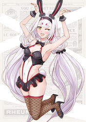  absurdly_long_hair animal_ears arms_up azur_lane black_footwear black_hairband breasts carrot_necklace cleavage covered_navel extra_eyebrows fake_tail female fishnet_thighhighs fishnets hairband high_heels highres jewelry knees_apart_feet_together long_hair looking_at_viewer microskirt necklace official_alternate_costume one_eye_closed open_mouth rabbit_ears rabbit_pose rabbit_tail sai-go shimakaze_(azur_lane) shimakaze_(world&#039;s_speediest_bunny_waitress)_(azur_lane) skirt small_breasts solo tail thighhighs very_long_hair yellow_eyes 