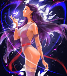  bare_hips breasts curvy fantasy female from_side highres leotard lips marvel medium_breasts ninja psylocke purple_eyes purple_hair sash science_fiction tatti_art thighs toon_(style) 