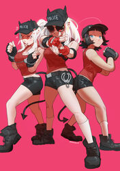  3girls aviator_sunglasses azazel_(helltaker) black_hair black_headwear blue_eyes boots breasts camcorder charlie&#039;s_angels commentary contrapposto cuffs demon_horns demon_tail english_commentary fingerless_gloves gloves halo handcuffs hat heart heart-shaped_pupils helltaker highres horns justice_(helltaker) large_breasts looking_at_viewer midriff modeus_(helltaker) multiple_girls pink_background raneblu shaded_face short_hair short_shorts shorts socks sunglasses sweat symbol-shaped_pupils tail twitter_username video_camera white_hair white_socks 