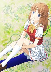  blue_eyes bow braid brown_hair feet_out_of_frame female hairbow highres long_hair looking_at_viewer mitsumete_knight nori_(norimakigumo) open_mouth school_uniform sitting skirt smile solo sophia_robelingue 