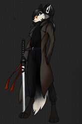  anthro ash_(crowsfire) ash_(disambiguation) black_body black_fur blue_eyes bottomwear canid canine canis cargo_pants clothing coat crowsfire female fox fur grey_body grey_fur hair hi_res katana mammal melee_weapon pants ponytail skinny solo standing sword topwear trenchcoat turtleneck weapon wolf 