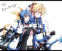  1boy bare_shoulders belt blonde_hair blue_hair breasts character_name choker collarbone couple dated detached_sleeves dizzy_(guilty_gear) english_text female guilty_gear guilty_gear_vastedge_xt guilty_gear_xrd hair_between_eyes hair_ribbon holding_hands kuro_goma_(kakkou11) ky_kiske looking_at_another magnolia_eclair_ii midriff navel open_mouth ponytail ribbon sheath sheathed short_shorts shorts sideboob simple_background skull_print straight sword tail tail_ornament tail_ribbon twintails weapon white_background yellow_ribbon 