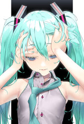  aqua_eyes aqua_nails aqua_necktie bad_id bad_pixiv_id bare_arms bare_shoulders blue_eyes commentary female hair_ribbon half-closed_eyes hands_on_own_head hatsune_miku head_grab highres looking_down loose_necktie messy_hair necktie open_collar pale_skin ribbon rsk_(tbhono) shirt skinny sleeveless sleeveless_shirt touching_forehead tucking_hair twintails unbuttoned unbuttoned_shirt vocaloid 