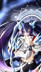  armband belt black_ribbon black_shorts bow_(weapon) closed_mouth collarbone collared_shirt commentary cowboy_shot earrings female gen&#039;ei_wo_kakeru_taiyou hair_between_eyes highres hoshikawa_seira ice jewelry long_hair mrnn navel purple_eyes purple_hair ribbon serious shirt shorts sky solo star_(sky) star_(symbol) star_earrings starry_sky twintails v-shaped_eyebrows very_long_hair weapon white_shirt wind 