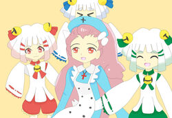  &gt;_&lt; 4girls :3 :d ^_^ apron bell blue_dress cappuccira closed_eyes commentary_request dress flat_color gen&#039;ei_wo_kakeru_taiyou hair_ornament hat highres jingle_bell long_hair long_sleeves multiple_girls nurse_cap open_mouth photoshop_(medium) pink_hair red_eyes red_shorts short_hair shorts siblings simple_background sisters sleeves_past_fingers sleeves_past_wrists smile tendou_mutsuki tendou_mutsumi tendou_nanase white_apron white_hair wide_sleeves yellow_background yuki_maria_(gen&#039;ei_wo_kakeru_taiyou) 