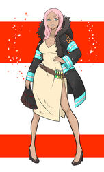  +_+ belt black_belt black_coat black_footwear blue_eyes breasts brown_dress cleavage coat commentary dark-skinned_female dark_skin dress en&#039;en_no_shouboutai female folding_fan full_body fur_collar grin hand_fan hibana_(enen_no_shoubotai) high_heels highres holding holding_fan jewelry long_hair looking_at_viewer medium_breasts medium_dress necklace no_legwear open_clothes open_coat pearl_necklace petals pink_hair side_slit simple_background smile solo standing vial white_background yougata 