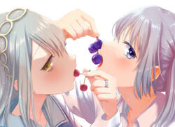  2girls blue_hair cherry collar eating food fruit grapes grey_hair headband highres janomiya_school_uniform jewelry kanechitomoyo kasane_ao kureha_yuna looking_at_viewer magia_record:_mahou_shoujo_madoka_magica_gaiden mahou_shoujo_madoka_magica multiple_girls purple_eyes ring school_uniform torayamachi_academy_school_uniform yellow_eyes 