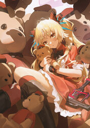  absurdres analogous_colors arknights black_bow black_bowtie black_footwear blonde_hair boots bow bowtie cropped_jacket female frilled_skirt frills hairbow highres holding jacket knee_boots kneehighs long_hair looking_at_viewer nail_gun official_alternate_costume pinecone_(arknights) pinecone_(sing_a_song)_(arknights) red_bow red_skirt red_socks shirt short_sleeves skirt socks solo stuffed_animal stuffed_toy teddy_bear ttk_(kirinottk) twintails white_shirt 