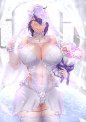  alternate_costume backlighting bare_hips blush bouquet breasts bridal_lingerie bridal_veil bride chanary choker cleavage closed_mouth clothing_cutout commentary english_commentary engrish_commentary eyepatch female flower flower_eyepatch gloves hands_up holding holding_bouquet huge_breasts kantai_collection lingerie looking_at_viewer narrow_waist navel one-eyed panties purple_hair rose see-through self-upload sheer_gloves showgirl_skirt side_cutout smile solo tenryuu_(kancolle) thick_thighs thighhighs thighs underwear veil wedding white_choker white_flower white_gloves white_panties white_rose white_theme white_thighhighs wide_hips 