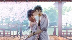  1boy asahina_hikage black_hair black_sleeves bracelet brown_hair closed_eyes couple detached_sleeves female floating_hair from_side game_cg hair_over_shoulder haruhime_(kunado_kokuki) japanese_clothes jewelry kimono kissing kunado_kokuki long_hair long_sleeves shin_(kunado_kokuki) short_hair standing straight very_long_hair white_kimono white_sleeves wide_sleeves 